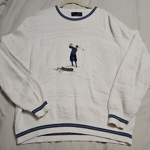Vintage White Sweater with Embroidered Golfer Design